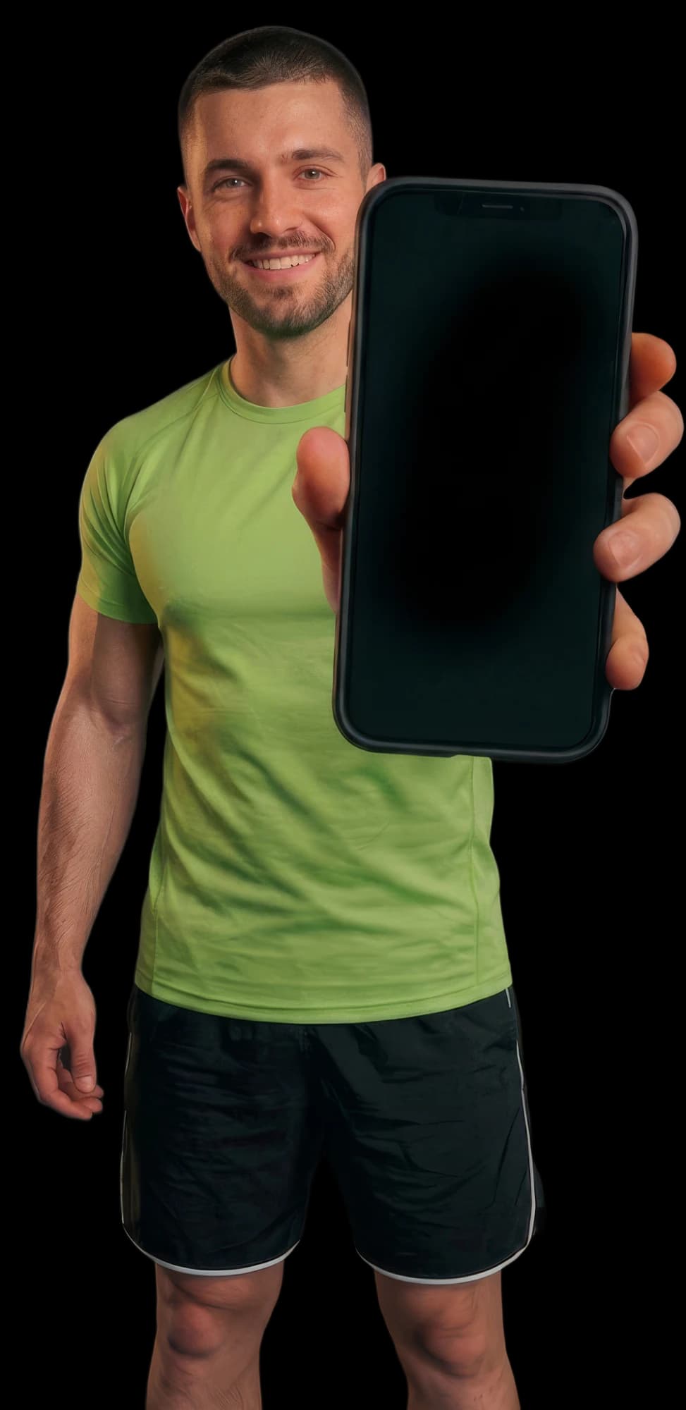 Nasmiješeni član u zelenoj sportskoj majici pokazuje telefon s članskom iskaznicom Pro-Gym u walletu: član Ivan Kovač, mjesečna članarina, vrijedi do 31.10.2026.